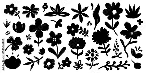 Brush stroke flower. Abstract floral silhouettes with paint brush strokes, monochrome blossom bouquet leaves stems grunge stencil art. Vector floristic isolated set
