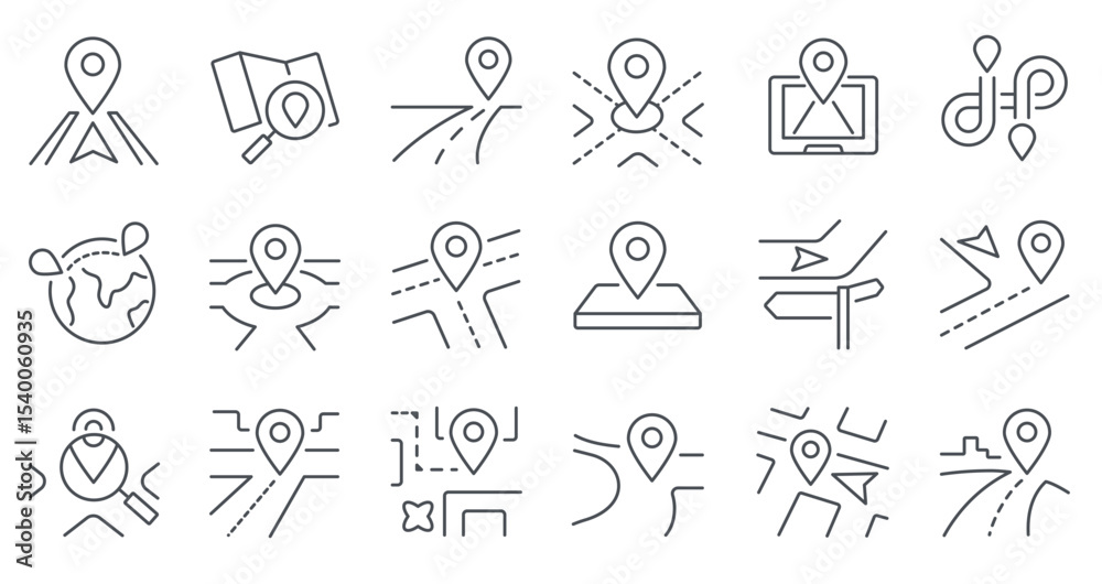 Fototapeta premium Route line icon. Path with location pointers, routes and directions navigation map with GPS markers, travel journey and trip street way. Vector route isolated set