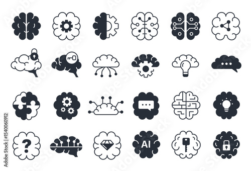 Human brain icons. Machine learning and human mind symbols, creative idea and genius stroke line signs, brain activity and IQ logo. Vector brains isolated set
