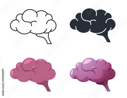 Brain line silhouette icon. Outline human head with creative thinking symbols, black gradient and flat concept of imagination and intelligence. Vector human brain isolated set