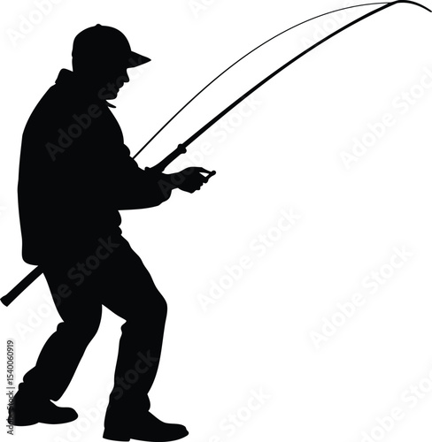 Silhouette of a fisherman reeling in a fish, showing his skill
