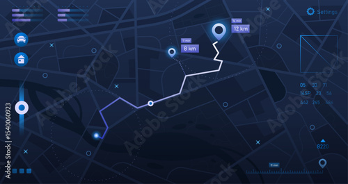 Map navigation interface. Mobile app dashboard with city map and street plan, location tracking, route GPS navigation and statistics. Vector roadmap tracker concept