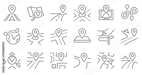 Route line icon. Path with location pointers, routes and directions navigation map with GPS markers, travel journey and trip street way. Vector route isolated set