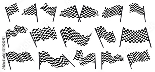 Racing flag. Car race checkered finish signal for cars competition, crossed band wave banner for motorsport rally karting finish check. Vector logo set