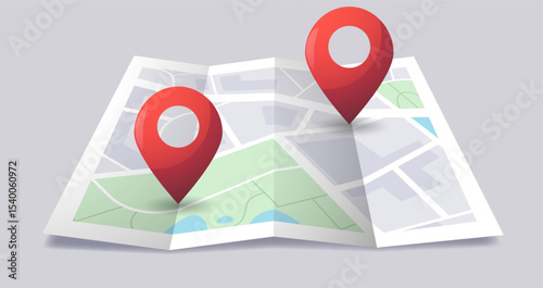 Folded city map with pin. 3D city road icon, paper tourist guide with location pointer, isometric cartography navigation concept. Vector map symbol