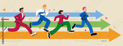 Businessman running concept. Business competition and career success challenge metaphor with corporate worker racing to goal and success, business runners. Vector illustration