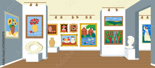 Art gallery interior. Museum exhibition with classical paintings and contemporary sculpture, cartoon cultural complex background. Vector illustration