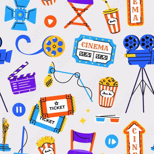 Movie pattern. Cinema film production elements, seamless print of cinematography icons, endless background with clapperboard camera reel tape popcorn. Vector texture