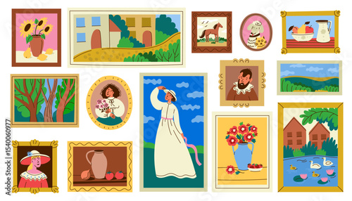 Framed painting. Gallery art pictures portraits still life landscape, artistic portrait of people in vintage frames, exhibition on gallery wall, fine art collection. Vector set