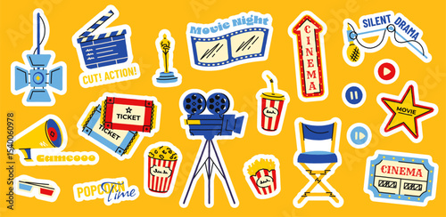 Movie stickers. Cartoon cinema elements with film tape popcorn camera cinema chair clapperboard, cinematography stickers for your design. Vector isolated set