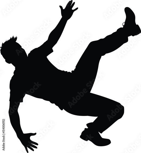 Silhouette of a man in a dramatic fall with arms outstretched