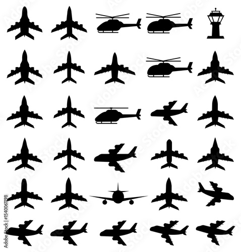 Set of various airplane silhouette icons isolated on white background. Aviation Icon for Design Projects. Aircraft illustration symbol collection.