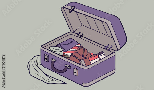           Open purple suitcase overloaded with clothes and personal belongings, baggage excess   