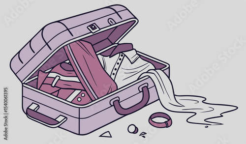           Open purple suitcase overloaded with clothes and personal belongings, baggage excess   