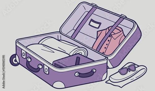           Open purple suitcase overloaded with clothes and personal belongings, baggage excess   