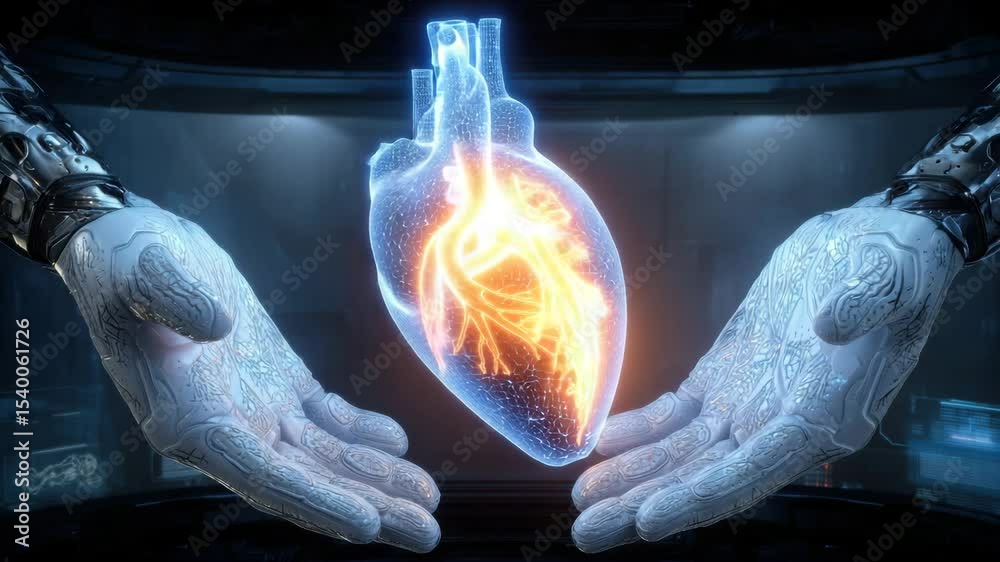 A digital human heart, with light glowing from within, held in two robotic hands. A sci-fi scene.