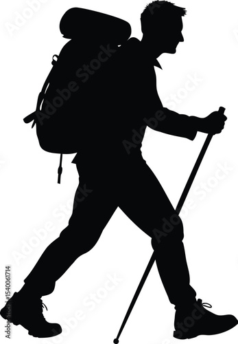 Silhouette of a Hiker with Backpack and Walking Stick on White