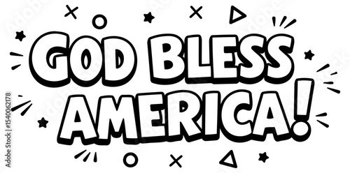 God Bless America graphic design with no demographic details. Bold. stylized text with comic book style effects.