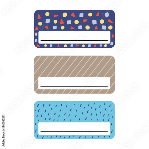 School name tag kid sticker. Cute notebook frame label card. Vector hand drawn illustration