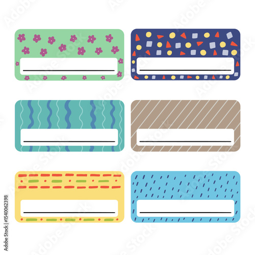 School name tag colorful sticker. Cute notebook frame label card. Vector hand drawn illustration