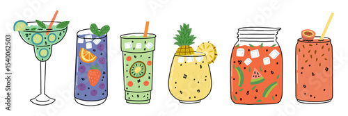 Summer cocktail glass drink set. Cocktail party with lemon fruit for food poster. Vector doodle illustration