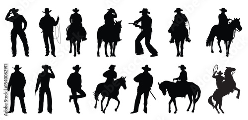 silhouette cowboys horses with one them wearing cowboy hat