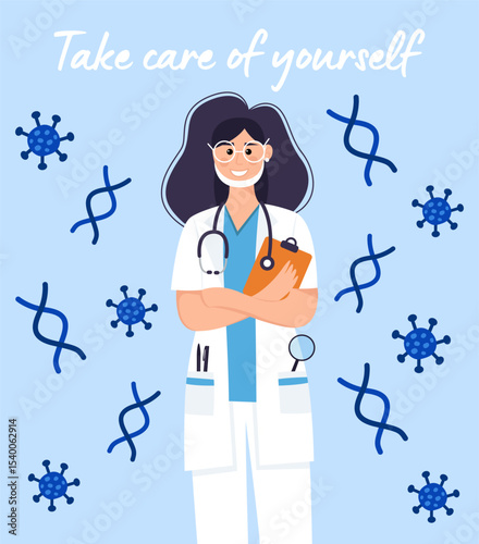 Illustration of a female doctor on a blue background.