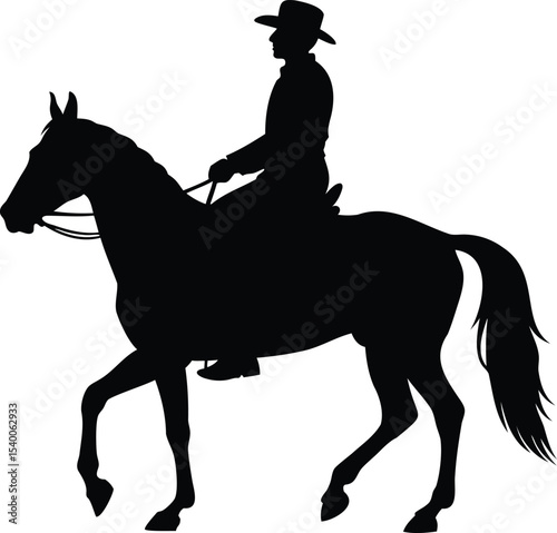 Silhouette of a cowboy riding a horse isolated on a white background