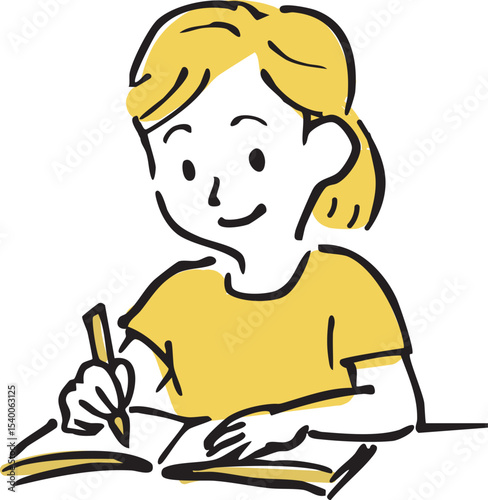 Girl studying at desk with textbook – education and learning illustration