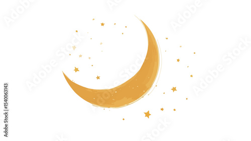 A digital illustration depicting a golden crescent moon surrounded by small golden stars on a white background. The style is simple and flat, with a slightly textured appearance to the moon,