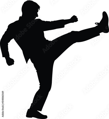Silhouette of a man in suit kicking with style and power