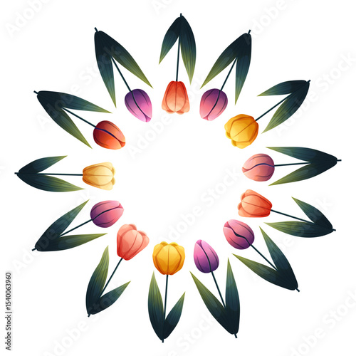 Vector seamless frame of colorful tulips with gradient petals. Isolated on white background. Perfect for floral cards, seasonal invitations, wedding designs and packaging. Flat botanical illustration 
