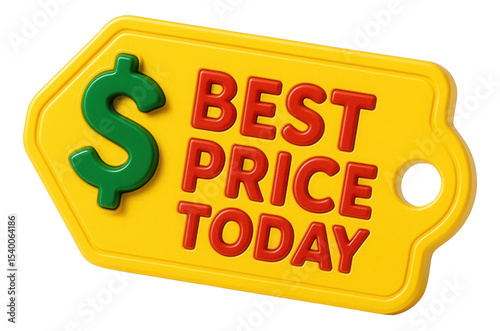 Yellow tag sticker with BEST PRICE TODAY in bold letters, standout retail promo offer on transparent background.