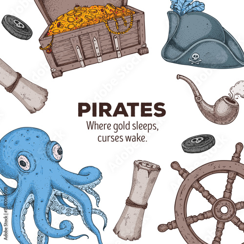 Pirate border. Hand drawn cartoon style vector. Old sea map template with nautical elements. Ideal for pirate party invitations, labels, and design projects.