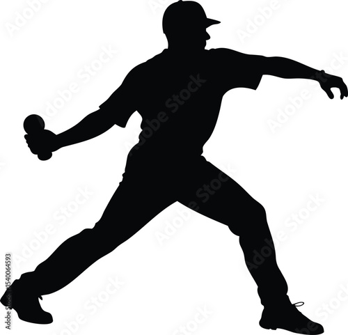 A black silhouette of a baseball player throwing a baseball over white