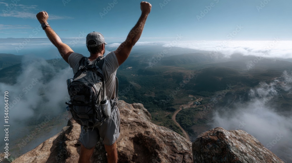 Obraz premium Triumphant hiker celebrates summit achievement at mountain peak nature landscape scenic viewpoint adventure concept