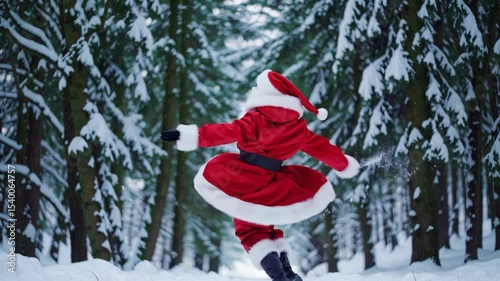 Santa Claus jumps energetically in a snowy forest, surrounded by snow-covered trees. His vibrant red suit contrasts the serene winter landscape, creating a festive and playful scene.