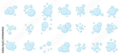 Blue flat air bubbles. Soap bubbles, outline water boiling icons, foam circles effervescent compositions, cleaning signs. Cleaning detergent, shower gel or shampoo. vector