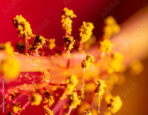 vibrant macro close-up of flower stamen coated with fine pollen dust particles