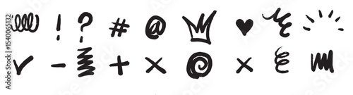 bold brush hand drawn doodle style collection heart crown scribble star check mark spirals sparkles 