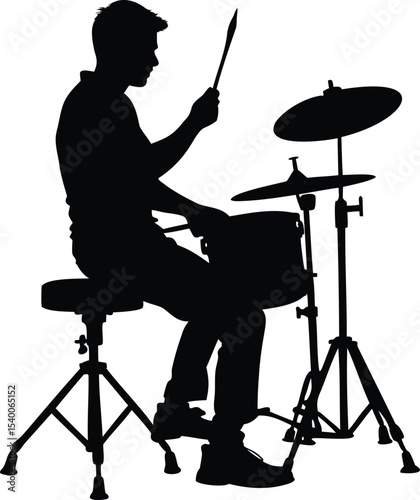Silhouette of a drummer playing drums on a white background studio shot
