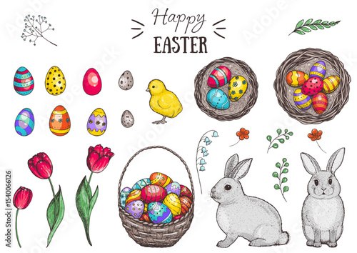 Happy Easter set. Hand drawn elements for design. Easter bunny, Basket of Easter eggs, chicken baby, Easter eggs, spring tulip and branches collection. Cartoon style.