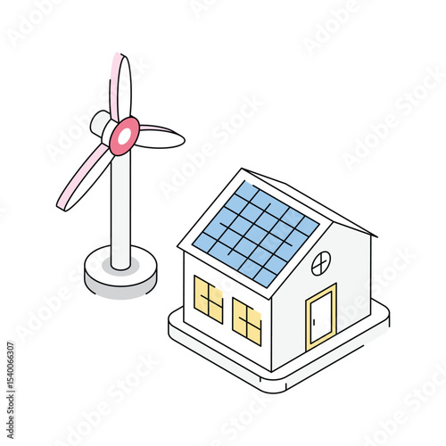 A visually appealing isometric icon of solar house with windmill