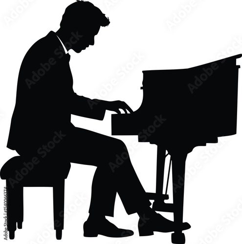Silhouette of a pianist playing grand piano with focused posture and elegance