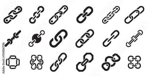 chain vector collection. Trendy elements with retro photocopy effect. Distressed broken metal chain pieces set. Black monochrome clip art with grainy stippling texture. Grunge vector illustration