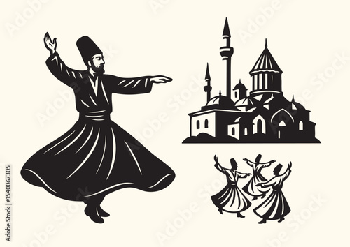 Whirling sufi dervishes  silhouette vector illustration