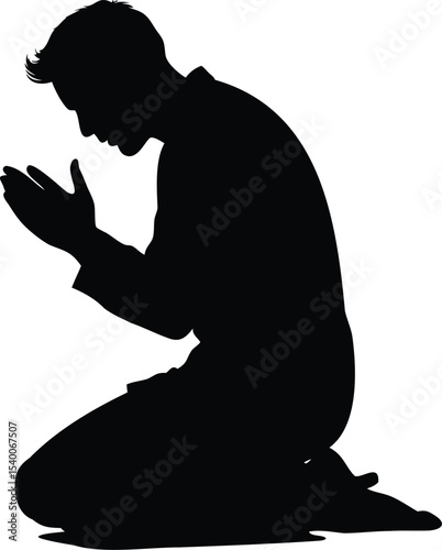 Silhouette of a man kneeling in prayer with hands clasped together