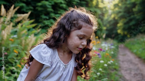 A young girl looking down at the ground. Female exploring nature with a child. A garden with flowers and greenery in summer. A young girl gazing at the ground lifestyle.