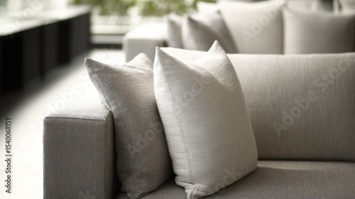 Close-up of a modern light-gray sofa with plush square cushions, clean minimalist lines, and a neutral color palette, creating a calm, sophisticated atmosphere.