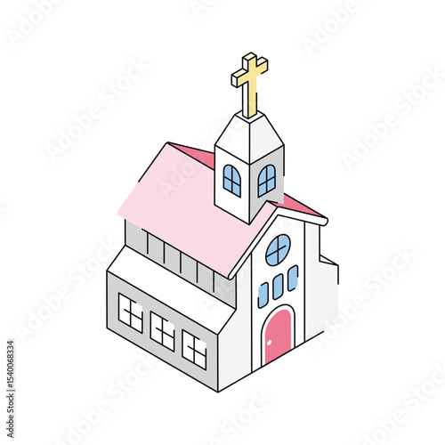 Trendy isometric icon of church building with a cross on it